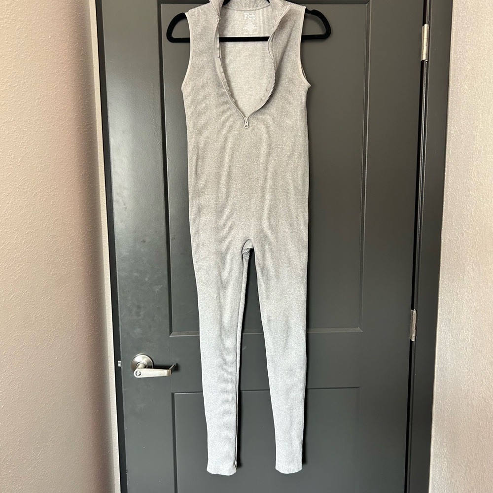 Gray Sleeveless Knit Jumpsuit with Scoop Neckline